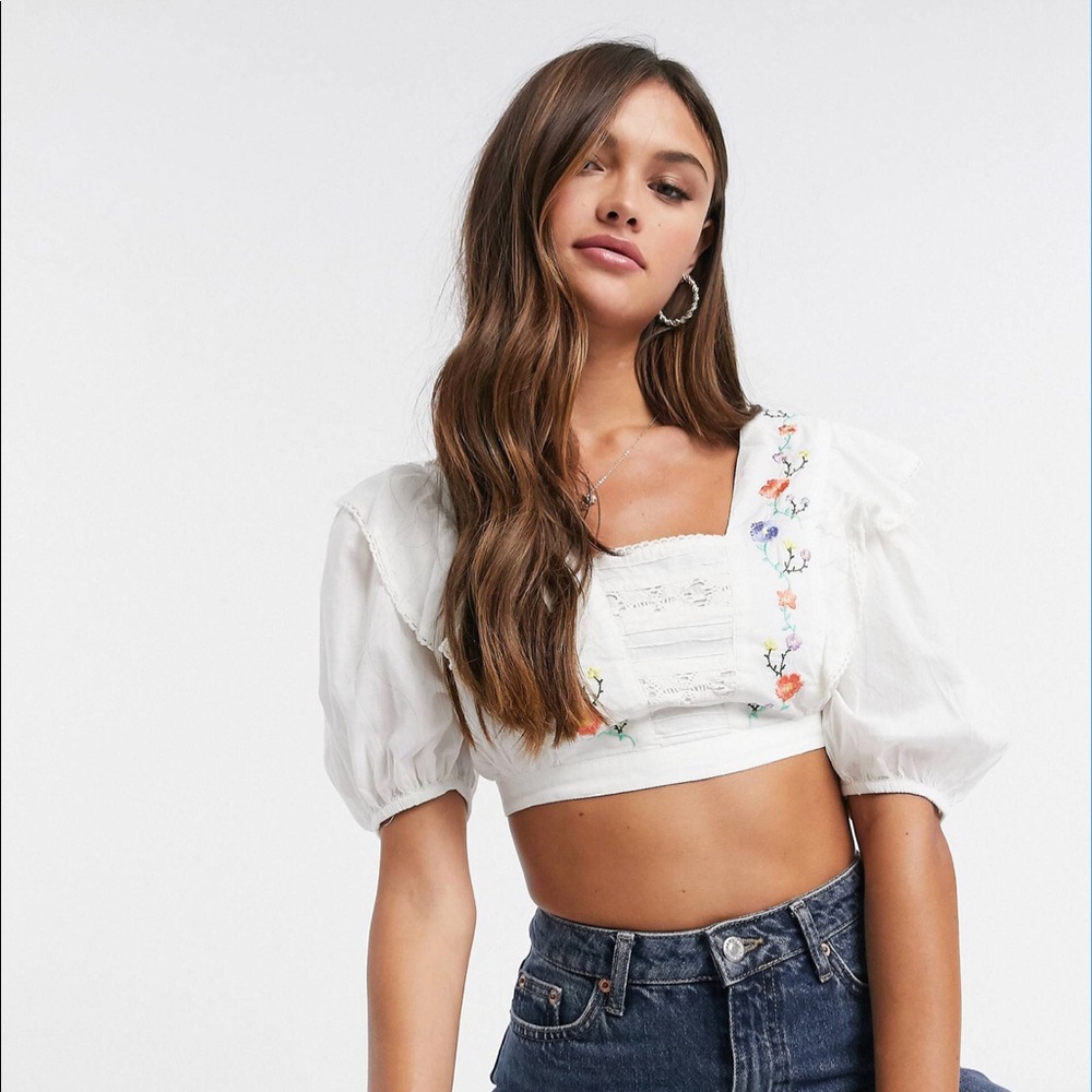 Reclaimed vintage inspired top with embroidery and tie back detail